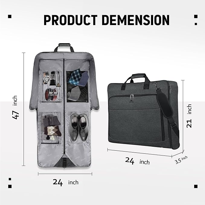 MATEIN Garment Bags for Hanging Clothes, Large Travel Suit Bag with Shoulder Strap for Business Trips, Foldable Luggage for Men Women, Wrinkle-Free Clothing Suitcase for Traveling, Dark Grey