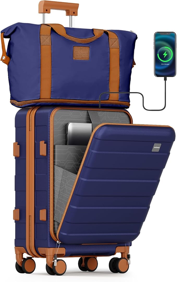 imiomo Carry on Luggage Airline Approved with Front Pocket and USB Port, Hard Shell 20 Inch Travel Carry-on Suitcase with Spinner Wheels and TSA Lock, Navy