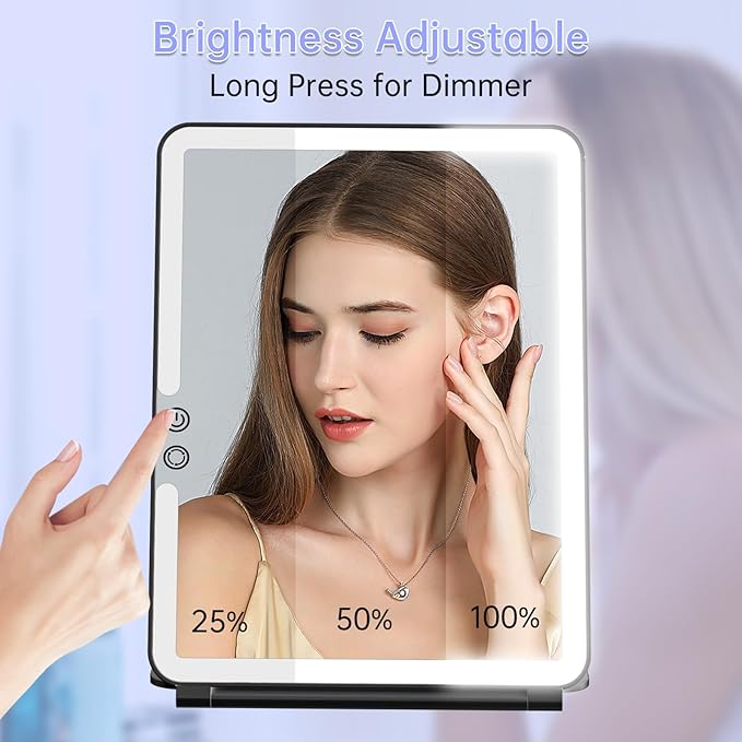 FUNTOUCH 10x7.5 Portable Large Travel Makeup Mirror with Light, 2500mAh Rechargeable Lighted Travel Makeup Mirrors with 3 Color Lights, Dimmable Folding Light Up Make up Mirror with Small 10x Mirror