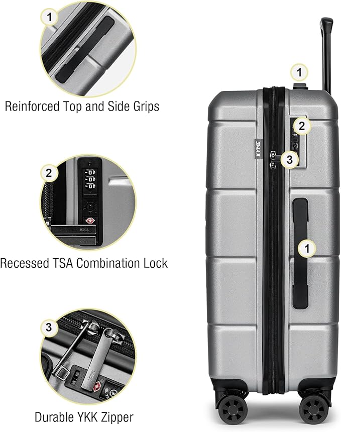 KYME Luggage Sets 2 Piece Suitcase Set Hardshell 20 inch/24 inch Luggage with Spinner Wheels Hardside PC+ABS Checked Large Suitcase with TSA Lock for Men Women Silver Grey
