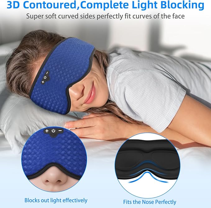3D Sleep Mask with Bluetooth Headphones, Sleeping Headphones for Side Sleepers, Zero Eye Pressure, Adjustable Sleep Eye Mask, Ultra-Thin Stereo Speakers Perfect for Sleeping-Peacock Blue (Z-Dark Blue)