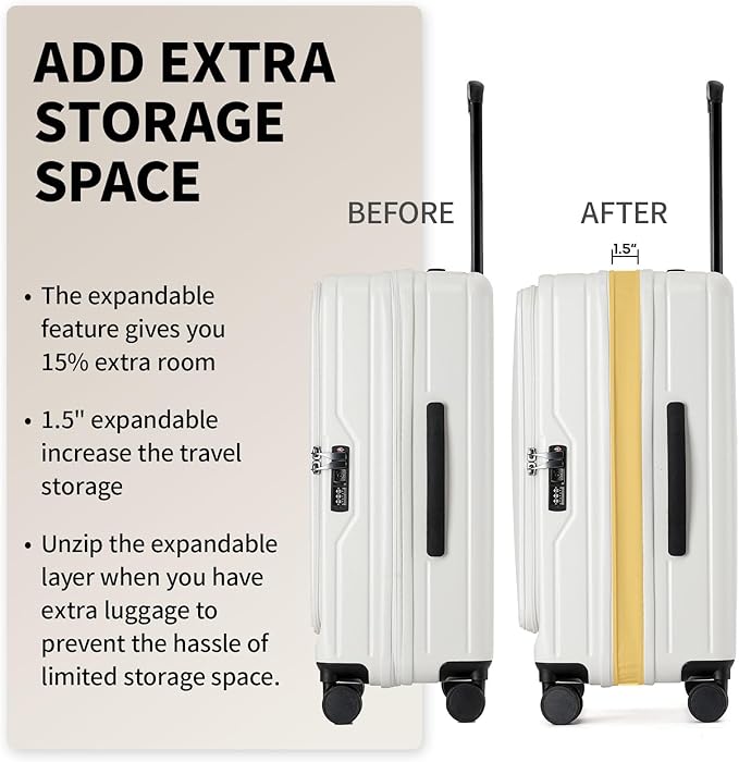 24 Inch Top Opening Expandable Checked Travel Luggage with Spinner Wheels,All PC Hard Shell Hardside Lightweight Medium Suitcase with TSA Approved Cup Holder for Business Trips Woman Men,White