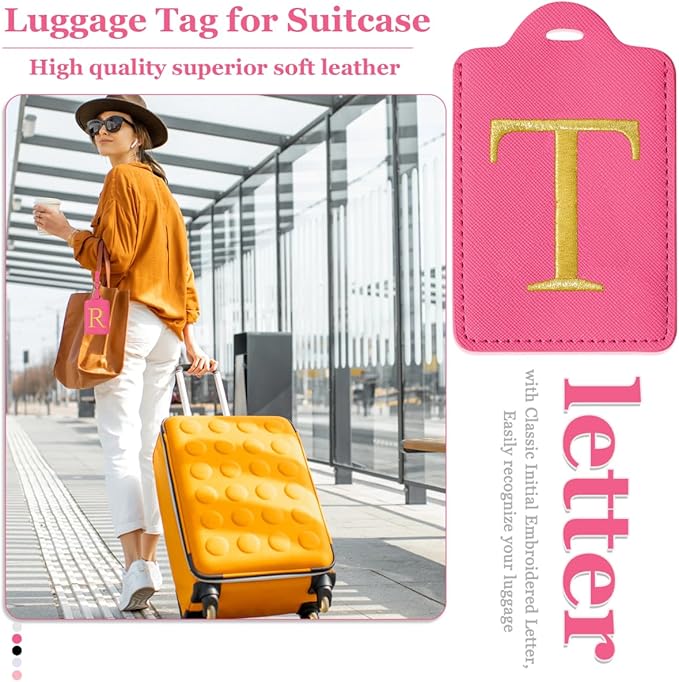 Personalized Initial Luggage Tags for Suitcases,Leather Letter Cute Luggage Tags with Privacy Name Card,Embroidered Monogrammed Travel Bag Backpack Tag Gifts for Women Kids Girls Teens(Rosered-T)