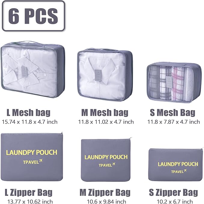 6 Set Packing Cubes for Travel Luggage Packing Bags Reusable Waterproof Suitcase Organizer Bags Set with Shoe Bag and Toiletry Bag (Grey)