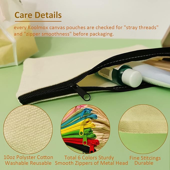 Koolmox Makeup Bags, 12 Canvas Pencil Case, Cotton Canvas Toiletry Pouch, Bulk Plain Cosmetic Bags for Women Vinyl Projects Crafts, 8x5'' Beige With Zippers of 10 Colors