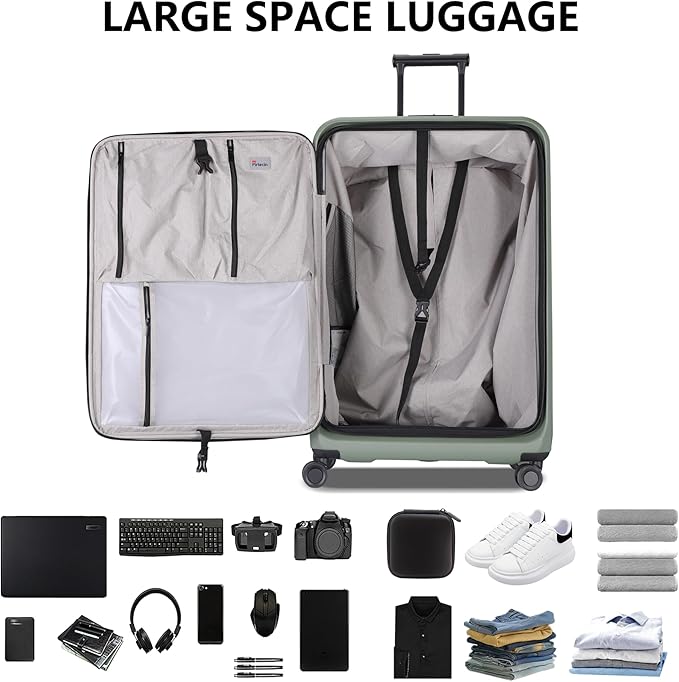 Luggage Sets 2 Piece, Carry On Luggage with Front Pocket & USB Port and 28 Inch Expandable Checked Luggage, Hybrid Soft Front & Hard Shell Suitcases with Spinner Wheels & TSA Lock, Green