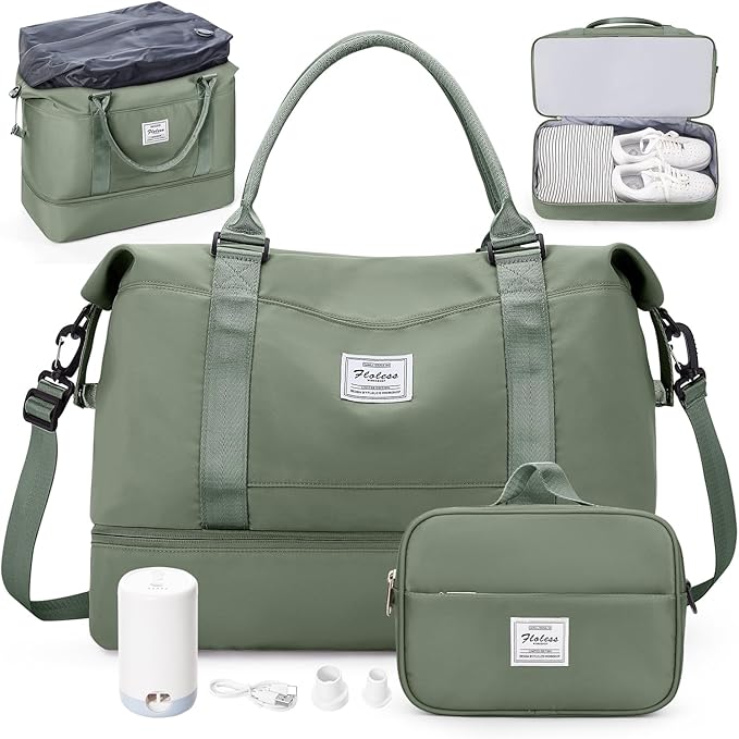 Overnight Weekender Bags for Women,Vacuum Travel Duffel Bag with Air Pump, Personal Item Travel Bag with Shoes Compartment & Compression Pocket,Olive Green