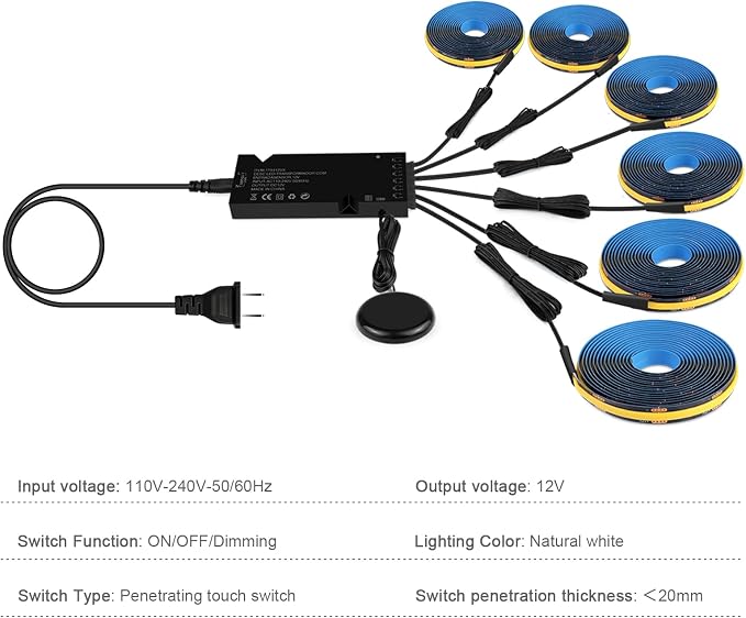 Touch Dimmable LED Under Cabinet Lighting 6PCS 12V 3.3Ft | Black COB Strip Lights Self-Adhesive Cuttable 4000k with 36W Adapter for Wood Slat Wall Panels Headboards Cabinet Shelves