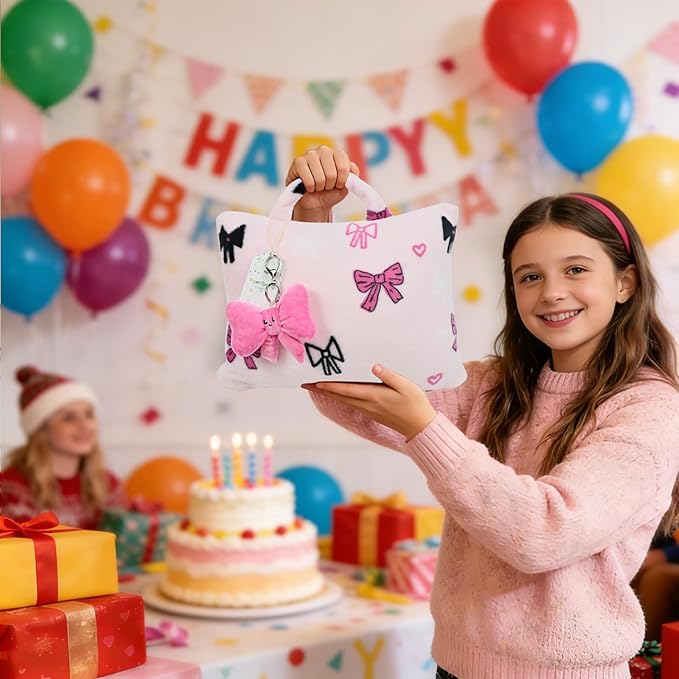 3-in-1 Kids Travel Blanket and Pillow Set, 40x60 Inch Pink Bow Blanket for Girls,Compact Set with Bow Keychain, Ideal Birthday Travel Essential