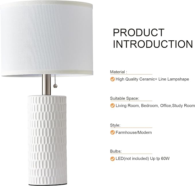 Reaketon 20" Modern Ceramic Table Lamps for Bedroom Set of 2, Small Table Lamps for Night Stands, Living Room, Home Office and Hallways, White