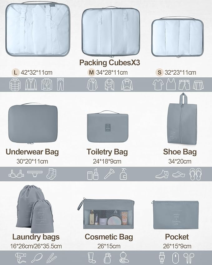 Packing Cubes 10 PCS, Mesh Breathable Luggage Organizers Bags, Packing Organizers, Durable Travel Essentials Bags Set, Travel Packing Organizers, Gray