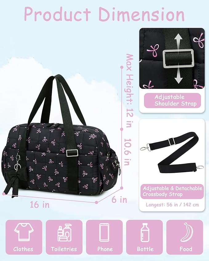 CAMTOP Gym Bag for Women, Lightweight Duffle Bag for Travel With Insulated Pocket and Wet Pocket, Small Carry On Bag for Dance Yoga Work (Black Bow, Medium-16")