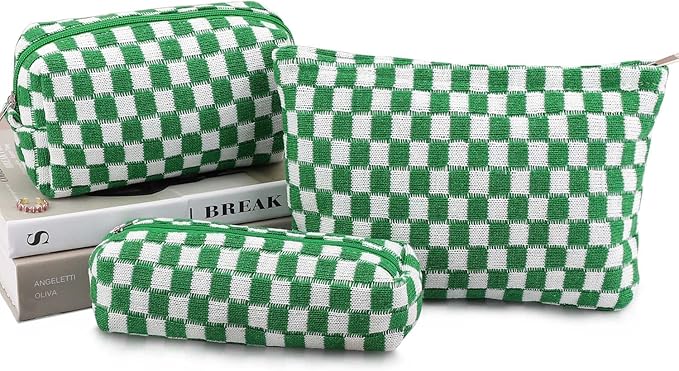 EIMMBD Makeup Bag 3 Pieces Large Capacity Checkered Cosmetic Bags Travel Toiletry Bag Organizer Cute Makeup Pouch Storage for Women (Green)