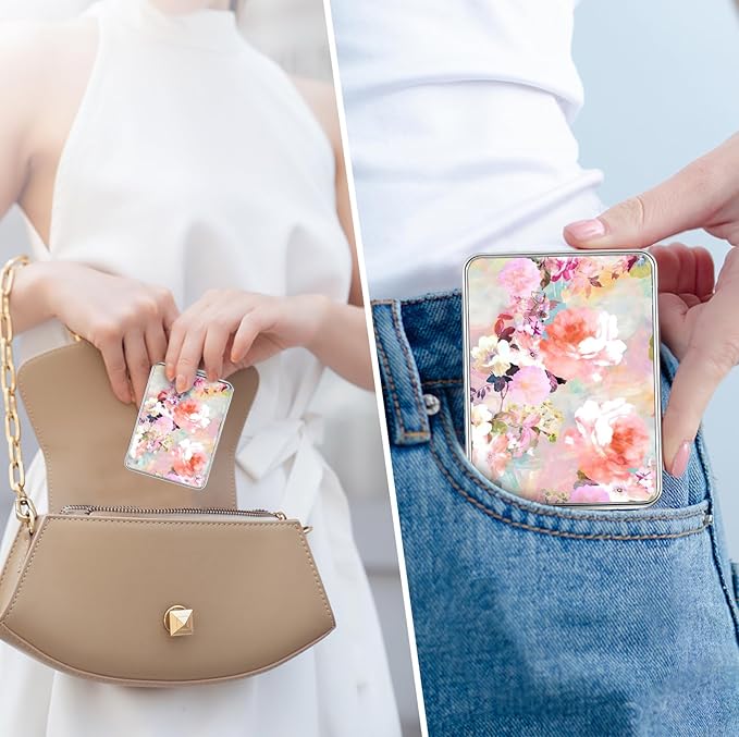 Pocket Mirror, Small Travel Mirror with Magnification, Portable Double-Sided Magnifying Cosmetic Mirror for Daily (Beautiful Flowers)