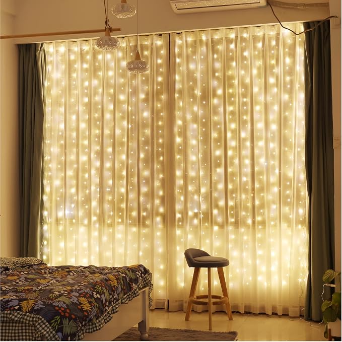 ZSJWL 300 LED Curtain Fairy Lights with Remote, 9.8 × 9.8 Ft, USB Plug in | 8 Modes, Waterproof, Twinkle Silver Wire, String Lights for Bedroom, Windows, Christmas, Wedding and Party Decor, Warm White