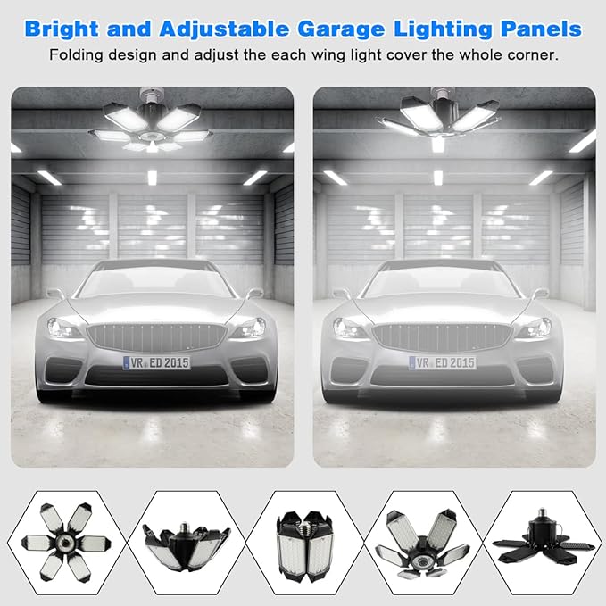 LED Garage Light - 160W LED Garage Ceiling Lights 16000LM Super Bright Garage Lighting with 6 Deformable Panels E26/E27 Screw in Led Shop Lights for Basement Workshop Warehouse Attic