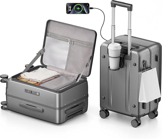 20IN Carry On Luggage,Top Opening Aluminum Frame Hardside 100% PC Airline Approved Suitcase -with TSA Lock,Cup Holder,USB Charge,Side Pothook, 360°Spinner Wheels-Grey