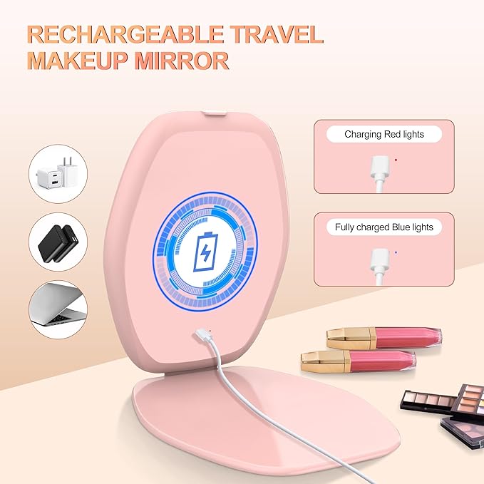 COSYGLOW Travel Makeup Mirror with Light: 3 Color Lighting Portable Mirror with Touch Screen Rechargeable Adjustable LED Lights Hexagon Vanity Mirror for Travel, Desk, Home (Pink)