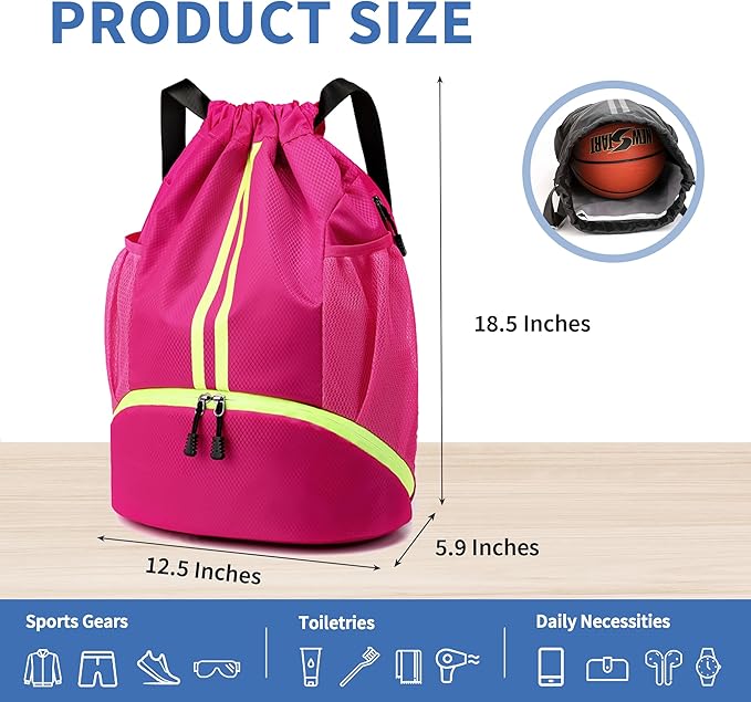 Drawstring Backpack Gym Bag with Shoes Compartment for Soccer, Basketball, Swim, Water-Resistant String Backpack Beach Cinch for Women Men, Rose