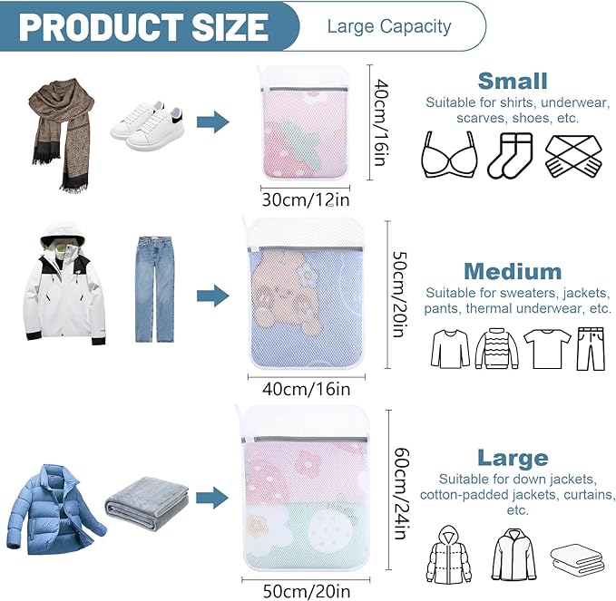 3 PCS Durable Honeycomb Mesh Laundry Bags for Delicates with Zipper, Reusable Laundry Bag Mesh Wash Bags for Washing Machine for Clothes, Shoes, Socks, Underwear, Bra (M + L + XL, White)
