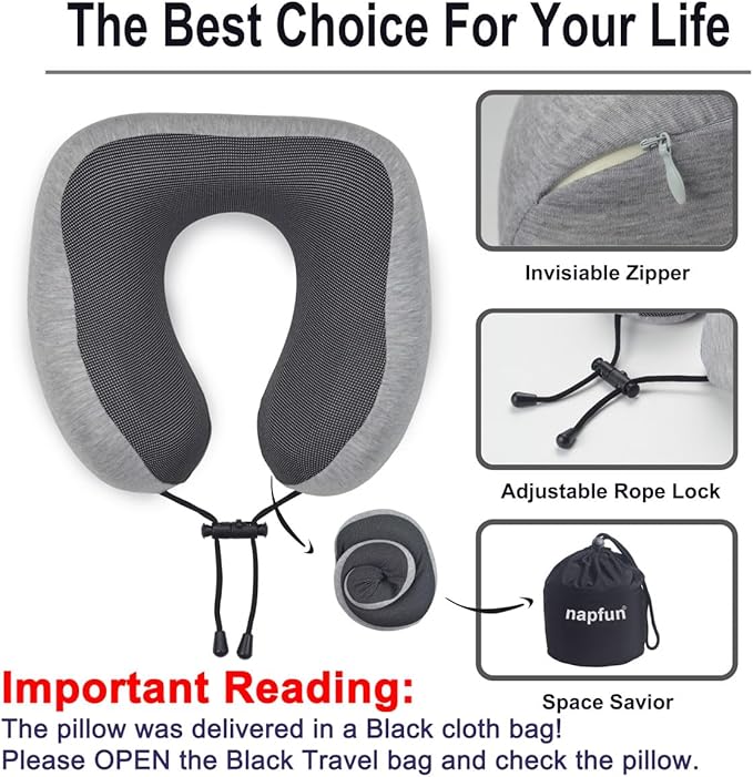 napfun Neck Pillow for Travel with Travel Pouch, Sleep Mask & Earplugs, Memory Foam Airplane Pillow for Headrest Sleep with Eyeshades, Plane Essentials with Eye Blindfold, Light Gray Kit