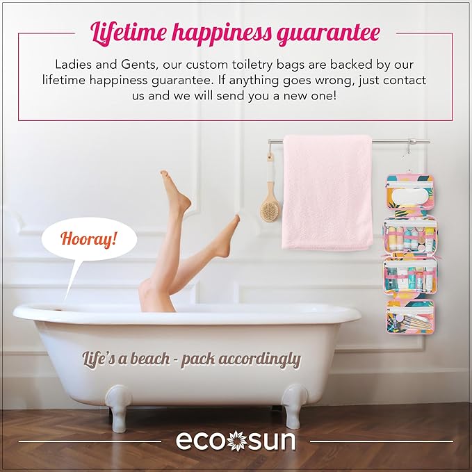 Eco Sun Hanging Travel Toiletry Bag — Designed in Hawaii — Water-resistant Travel Organizer for Bathroom Accessories (Tropical Vacay)