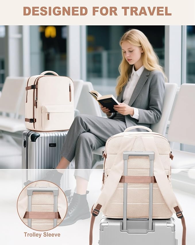 VECAVE Travel Backpack for Women, Airline Flight Approved Carry On Backpacks Waterproof 14 Inch Laptop Backpack with Shoe Compartment Casual Daypack BeigeBrown