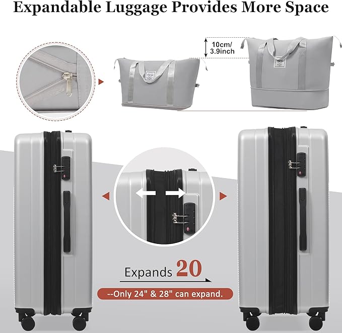 Merax Luggage Sets 5 Piece with Half-opening, Hardside 20" Carry On Suitcase Set with USB Port,Lightweight Travel 24" 28" Luggage with Bags TSA Locks Double Spinner Wheels,Silver