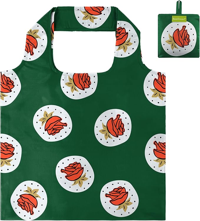 BeeGreen Cute Rose Green Gift for Women Reusable Shopping Bags Large Shopping Basket for Groceries Foldable Gift Bag Grocery Organizer with Handles Tote Bulk Cloth Heavy Duty Washable Packable