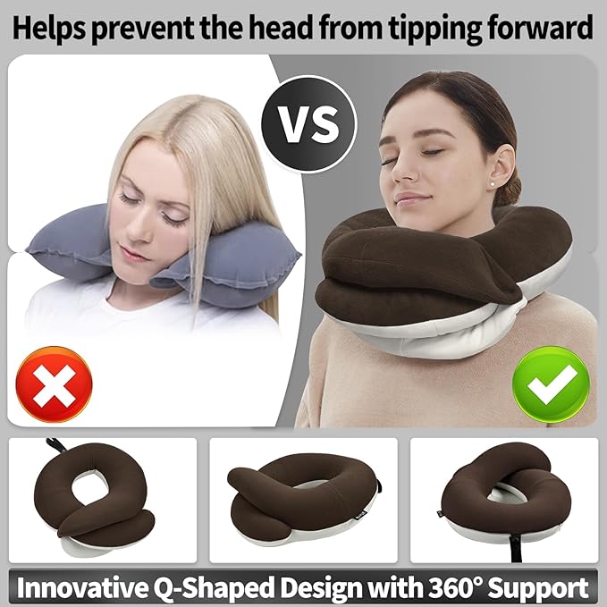 BUYUE Travel Neck Pillows for Airplanes, 360° Head Support Sleep for Long Flight, Skin-Friendly & Breathable, Kit with 3D Contoured Eye Mask, Earplugs and Storage Bag (Adult, Brown, 90+ lbs)
