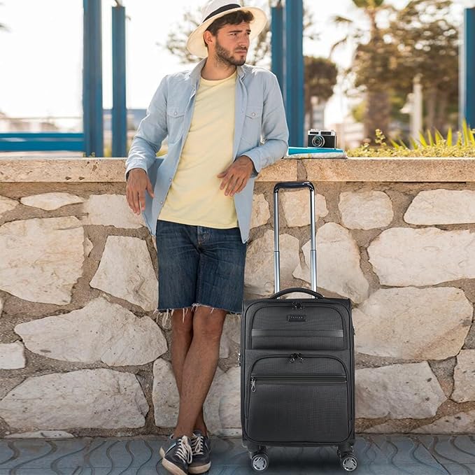 KROSER Softside Expandable Carry On Luggage with Front Business Pockets，20 Inch Suitcases with Spinner Wheels & Built-in TSA Lock, Durable Suitcase Rolling Luggage with USB Port, Black