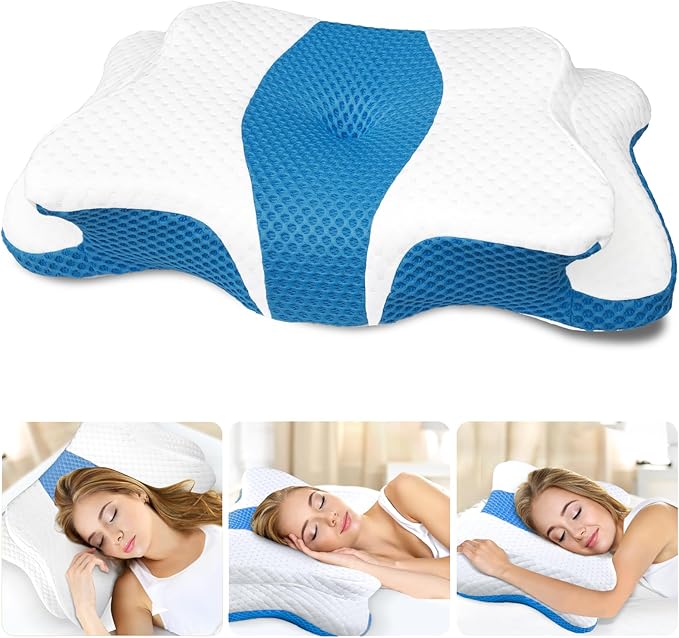 Cervical Neck Pillow for Pain Relief Sleeping, Memory Foam Pillows, Ergonomic Side Sleeper Pillows for Adults, Orthopedic Neck Support Pillow for Back Stomach Sleepers-King Size&Blue