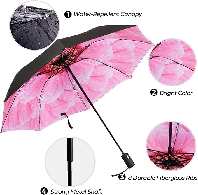 LLanxiry Compact Travel Umbrella, 44" Canopy, Automatic Open/Close Windproof Umbrella, 210T Pongee, 8-Rib Fiberglass, Travel Size Mini, Portable Rain/Sun Umbrellas UPF 50+ with Cover