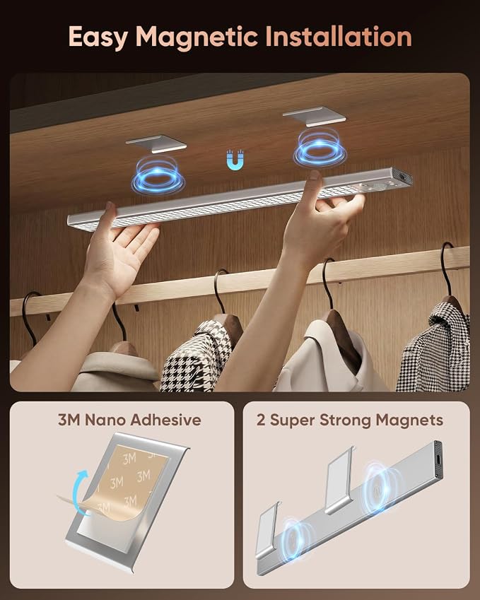 12inch Under Cabinet Lighting Wireless 5 Pack 3000mAh Motion Sensor Light | 450LM Bright Under Counter Closet Lights for Kitchen, Stairs Rechargeable Battery Operated Stick On Dimmable, Magnetic