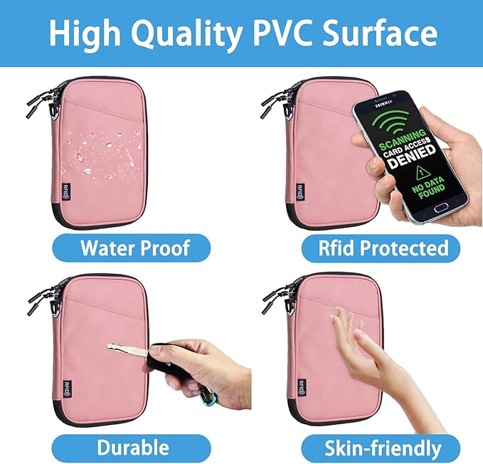 family passport holder for 4 multiple passport bag for travel passport cover rfid blocking for women waterproof wallet with zipper airtag passport case for men (pink with faint patterns)