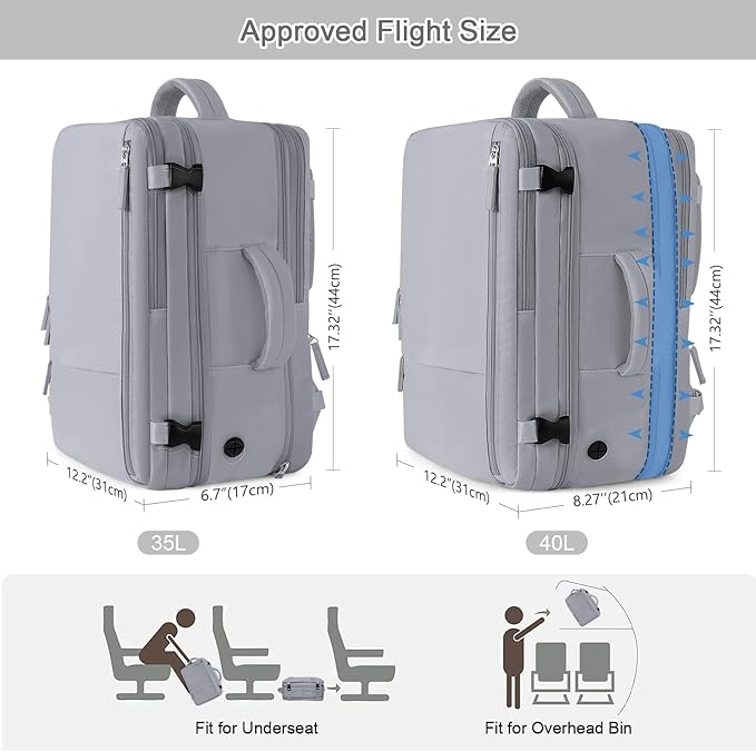 Travel Backpack for Women & Men, 40L Carry-On, 17-Inch Laptop, Waterproof, College Bookbag, Flight Approved