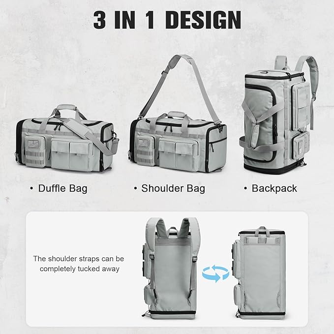 G4Free 3-in-1 Duffle Bag for Travel, Large Gym Duffle Backpack for Men Women with Shoes Compartment and Wet Pocket, Grey