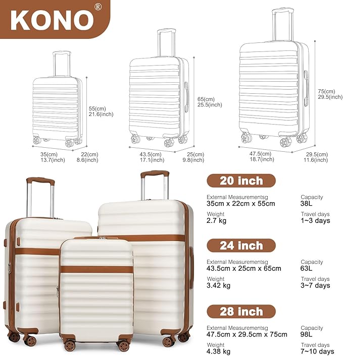 Kono Expandable 28 Inch Large Checked Luggage: ABS+PC Hardside Trolley Travel Case - Hard Shell Suitcase with TSA Lock, Cream Brown