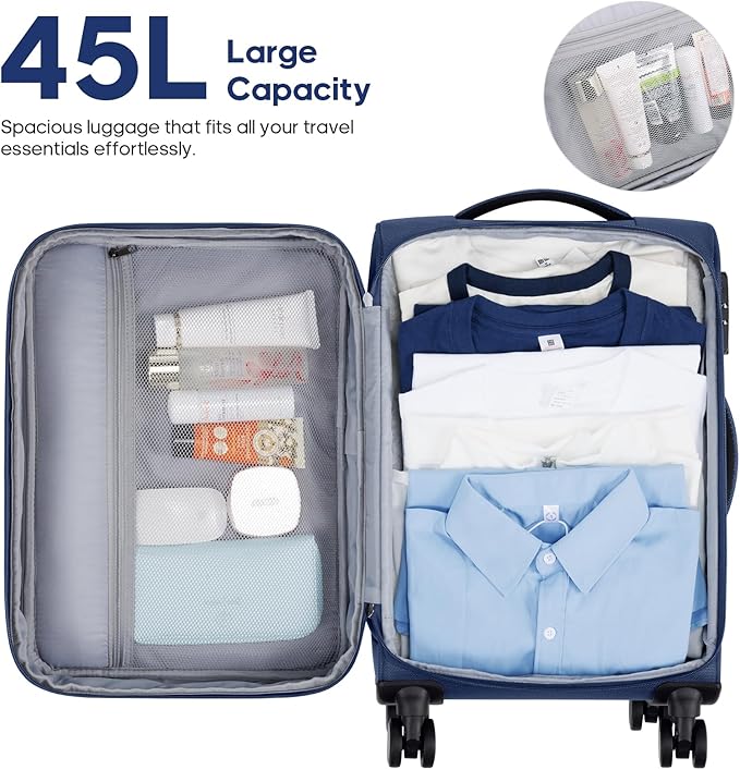 UKEIN Softside Expandable Carry On Luggage 22x14x9 Airline Approved, 20 Inch Suitcase with Wheels & TSA Lock, Travel Suitcase with 4-Piece Packing Bags for Women Men