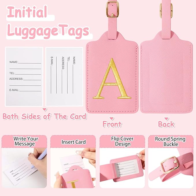 Initial Luggage Tags for Suitcases, Cute Embroidered Letter Luggage Bag Suitcase Identifier Name Baggage Tag, PU Leather Travel Luggage Tags, Bag Tags for Men Women Kids Luggage Handbags(Pink A)