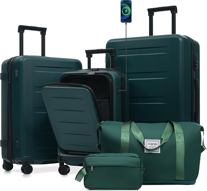 Merax Luggage Sets 5 Piece Front Open, Hardside 20" Carry On Suitcase Set with USB Port,Lightweight Expandable Travel 24" 28" Luggage with Bags TSA Locks Double Spinner Wheels,Dark Green