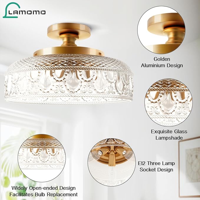 Lamomo Semi Flush Mount Ceiling Light, Upgraded Larger 12 Inch Golden Hallway Light Fixture, 3 Light Globe Glass Close to Ceiling Scone,Indoor Hanging Light for Bedroom Kitchen Porch Hallway