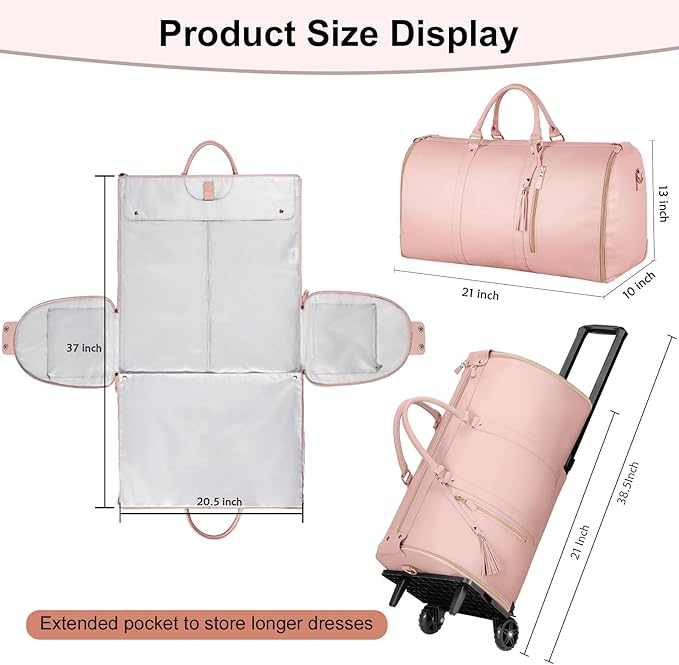 Ytonet Rolling Garment Bags for Travel, Convertible Carry On PU Leather Travel Bag 2.0 Roller Edition, 3 in 1 Suit Garment Duffle Bag with Wheels and Shoe Pouch for Business Wedding Overnight, Pink