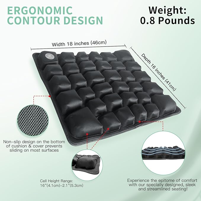 3D Air Inflatable Seat Cushion for Wheelchair & Office Chair - Adjustable Firmness Pad for Sciatica, Tailbone & Lower Back Pain Relief - Breathable, Anti-Slip, Washable Cover (18x16)