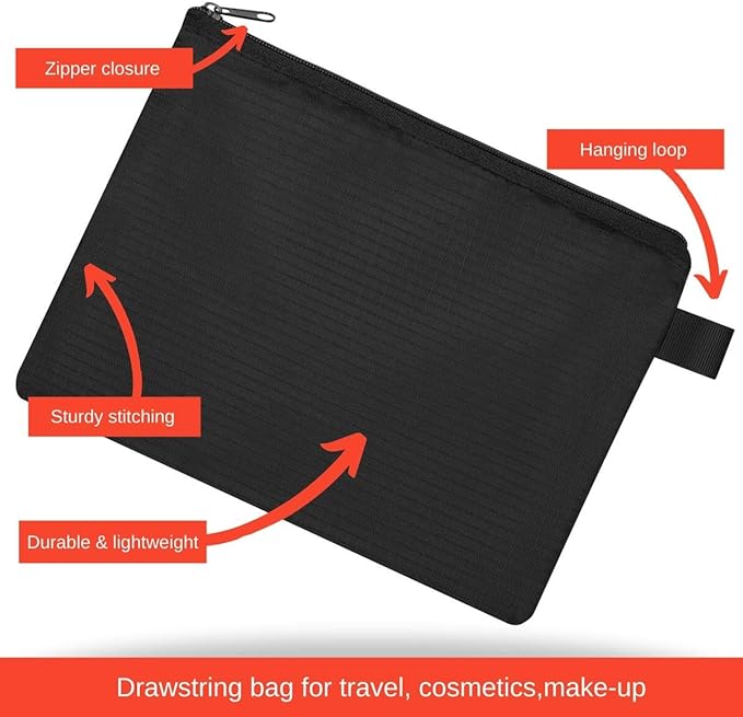 Small Black Nylon Zipper Pouch (6x8 Inch - Set of 5) For Travel Cosmetics Cables Documents Office Supplies Organizer Bag