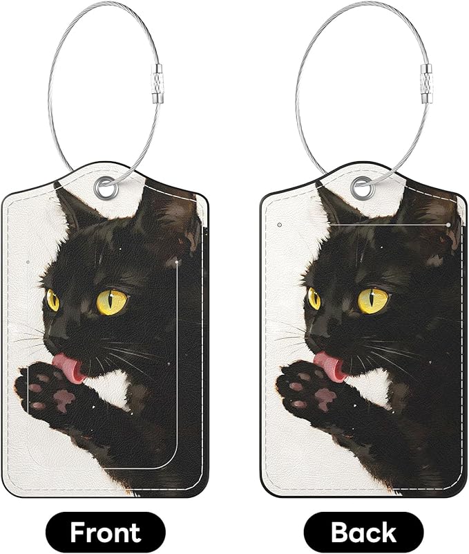 2 Pack PU Leather Luggage Tags for Suitcases, Privacy Protection Cover with Stainless Steel Loop and Address Card, Travel Cruise Essentials (Black Cat)