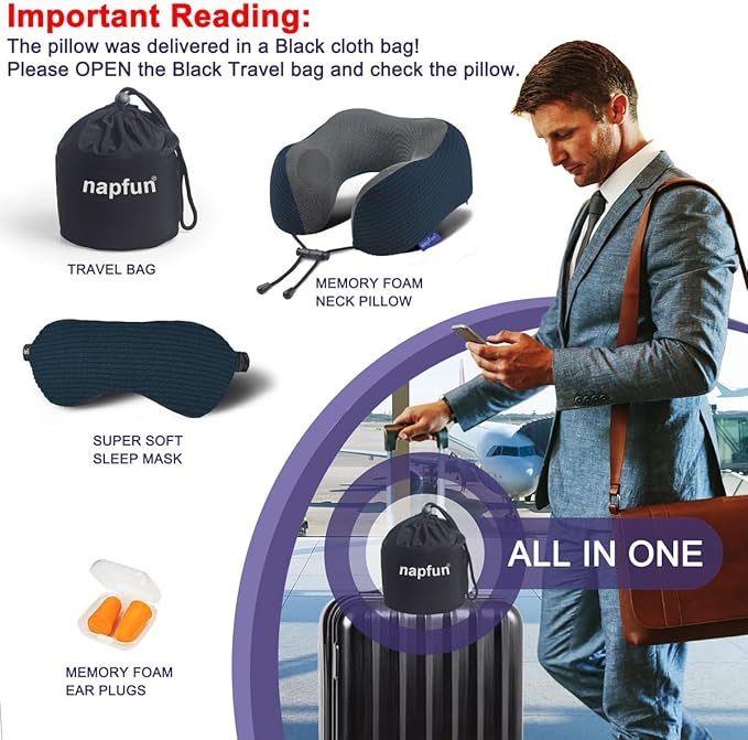 napfun Neck Pillow for Travel with Travel Pouch, Sleep Mask & Earplugs, Memory Foam Airplane Pillow for Headrest Sleep with Eyeshades, Plane Essentials with Eye Blindfold, Black Striped Kit