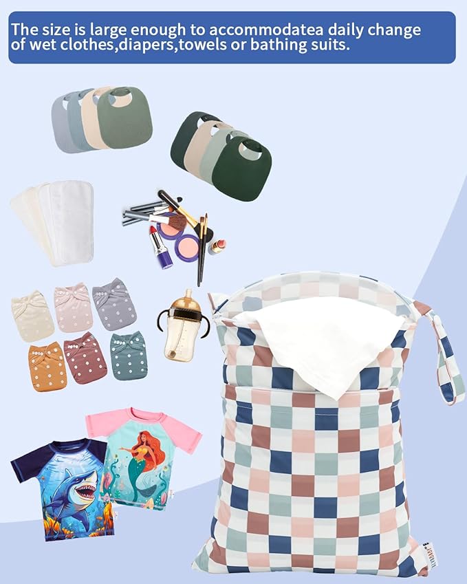 ALVABABY 3 pcs Cloth Diaper Wet Dry Bags Waterproof Reusable with Two Zippered Pockets Travel Beach Pool Daycare Soiled Baby Items Yoga Gym Bag for Swimsuits or Wet Clothes Small Medium Large 3L-SML13