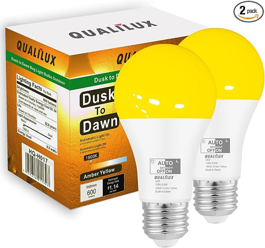 Qualilux Dusk to Dawn A19 LED Bug Light Bulbs Outdoor, 1900K Amber Yellow, 600 Lumen, LED 9.5W, E26, 2-Pack, HQ-H017
