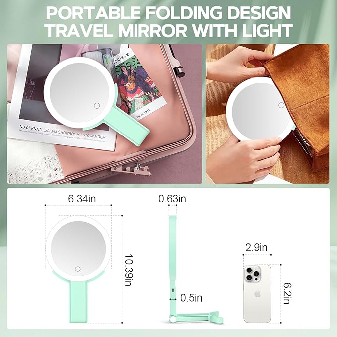 MIYADIVA Lighted Makeup Mirror, 30X Magnifying Mirror with Light, Hanging and Handheld Mirror with Handle, Green